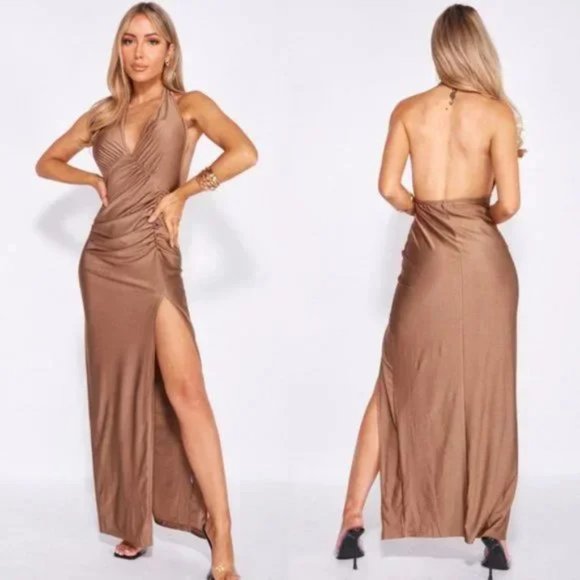Dresses & Skirts - Brown Sleeveless V-Neck Halter Neck Backless Thigh Slit Ruched Maxi Dress